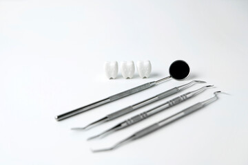 Selected focus Whitening and healthy tooth smile confident and dentist tools equipment on white background                             