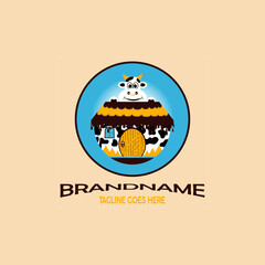 Farm house with cow and milk logo, colorfull, happy cow homey village in moutain. use to chocolate and milk factory