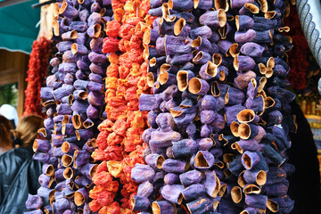 Selective Focus Dried Vegetables Hanging. Made for stuffed, Dry Red Peppers and Eggplants in Local Spice Bazaar.