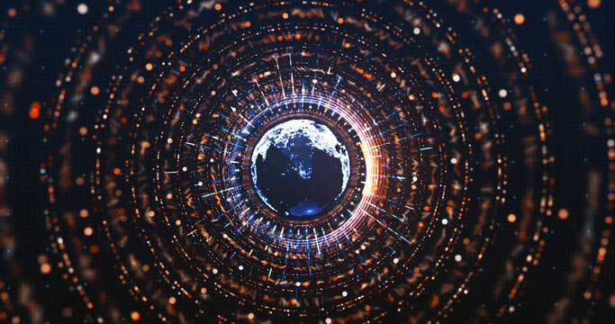 Earth high-tech picture, waves, information around the planet, internet 3D animation