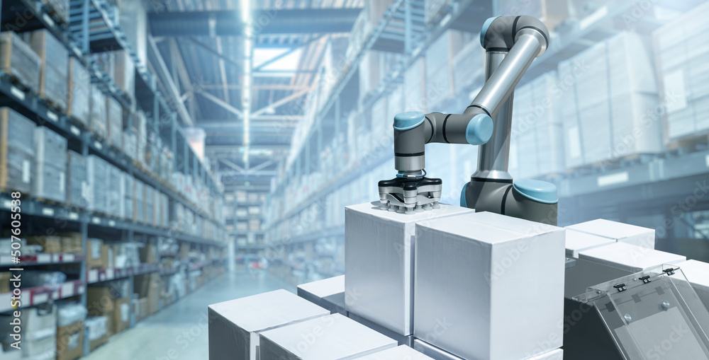 Aufkleber robot arm moves boxes in an automatic warehouse. concept