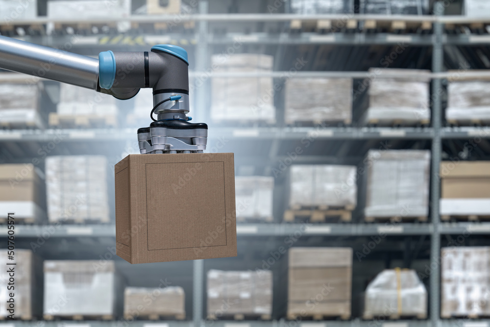 Aufkleber robot arm moves box in an automatic warehouse. concept