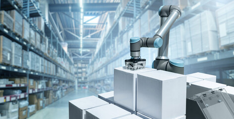 Robot arm moves boxes in an automatic warehouse. Concept