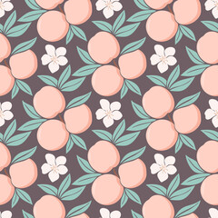 Peaches leaves and flowers seamless pattern. Beautiful fruity floral background. Model with delicate flowering and fruits. Print for textile, packaging, wallpaper and design vector illustration