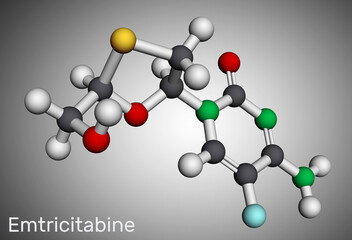 Obraz premium Emtricitabine, FTC molecule. It is nucleoside reverse transcriptase inhibitor used for treatment of HIV. Molecular model.
