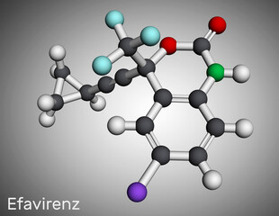 Efavirenz, EFV molecule. It is antiretroviral medication used to treat HIV and AIDS. Molecular model.