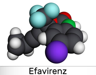 Efavirenz, EFV molecule. It is antiretroviral medication used to treat HIV and AIDS. Molecular model.