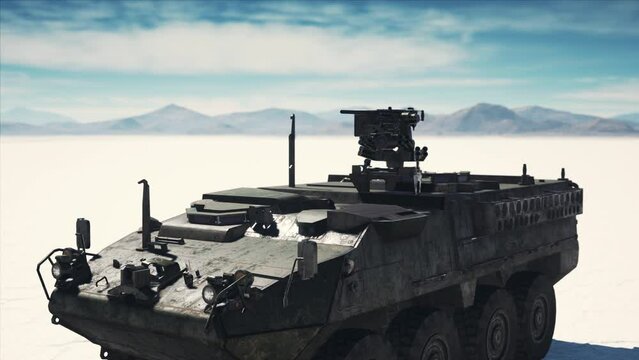 military tank in the white desert