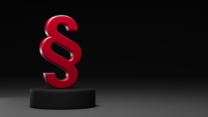 Red paragraph symbol is set on a black pedestal against a dark background. 3D rendering. Place for text or logo