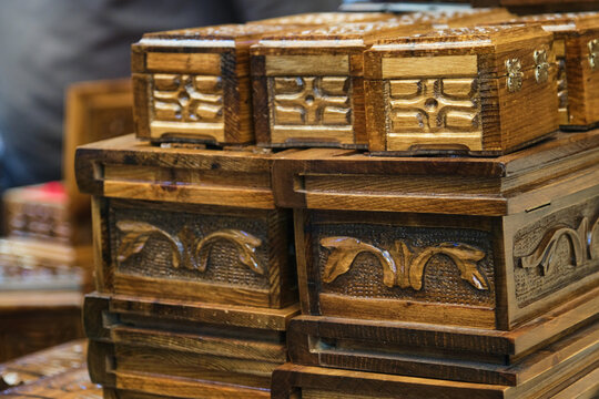 Selective Focus Engraving Wooden Box or Chest For Souvenir to tourist in Gaziantep, Turkey.
