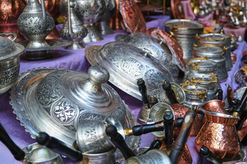 Selective Focus Copper or Metal Handmade Souvenir or Gift in Gaziantep, Turkey