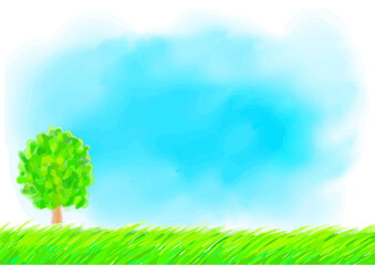 水彩風の草原と木と青空のフレーム