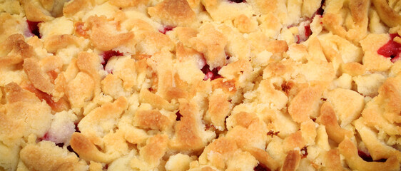Fresh baked yeast cake with crumble and strawberries. Delicious dessert
