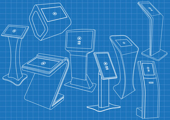 Blueprint of eight Promotional Interactive Information Kiosk, Advertising Display, Terminal Stand, Touch Screen Display. Mock Up Template