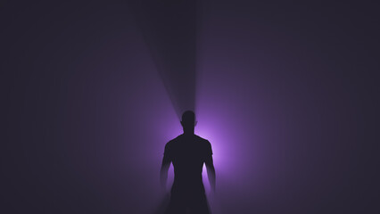 A bright source of purple light behind a man