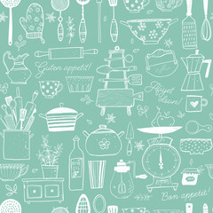 Seamless pattern with doodle kitchen utensils. Can be used for wallpaper, pattern fills, textile, web page background, surface textures.