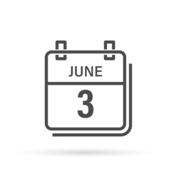 Calendar icon with shadow. June 3, Day, month. Flat vector illustration.
