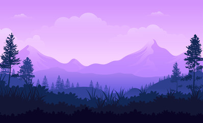 Violet skies and the vast mountain forests lands with trees - obrazy, fototapety, plakaty