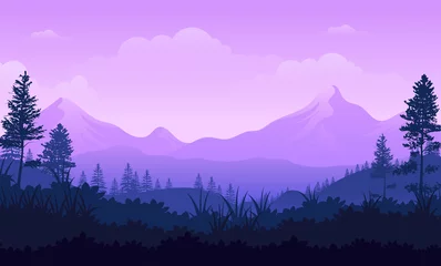 Türaufkleber Violetter Himmel und die weiten Bergwälder landen mit Bäumen © Astira