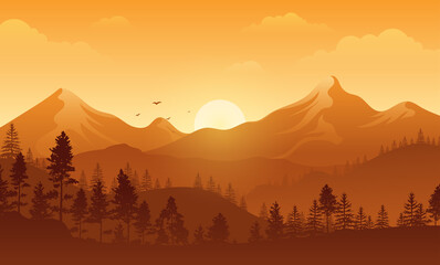 Beautiful Landscape mountains and forest with sunset sky