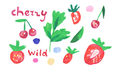Set of illustrations with children's berries and fruits drawn with wax crayons. Collection of food images in oil pastel in doodle style.Designs for stickers, packaging, posters, postcards.