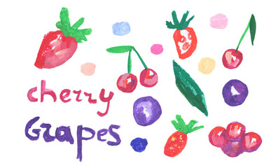 Set of illustrations with children's berries and fruits drawn with wax crayons. Collection of food images in oil pastel in doodle style.Designs for stickers, packaging, posters, postcards.