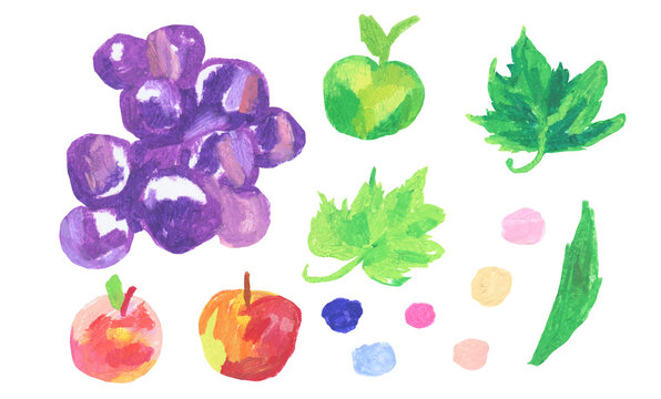Set of illustrations with children's berries and fruits drawn with wax crayons. Collection of food images in oil pastel in doodle style.Designs for stickers, packaging, posters, postcards.