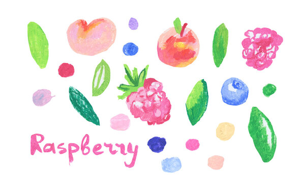 Set of illustrations with children's berries and fruits drawn with wax crayons. Collection of food images in oil pastel in doodle style.Designs for stickers, packaging, posters, postcards.