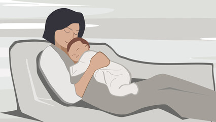 Pretty woman holding baby in her arms in bed. Vector Illustration