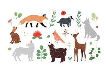 Set with finnish style forest animals, plants and flowers, isolated on white hand drawn vector illustration in flat design