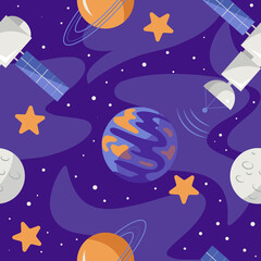 Hand drawn vector seamless pattern with satellites and planets in open space