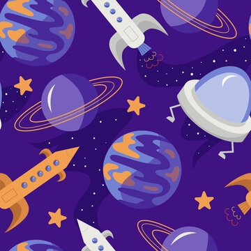 Hand drawn vector seamless pattern with space ships and planets in open space © Daria