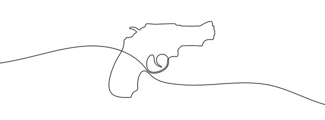 Continuous line drawing of gun. Pistol linear icon. One line drawing background. Vector illustration. Pistol continuous line icon. - obrazy, fototapety, plakaty