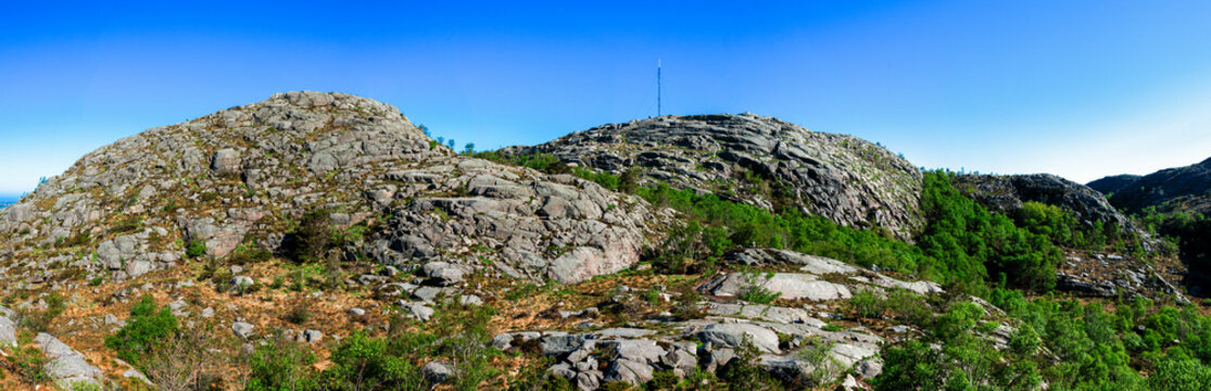 A panoramic landscape view of Lifjel mountain, Sandnes, Norway, May 2018