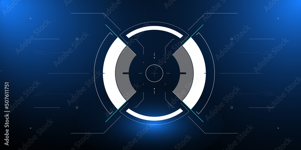 Fototapete HUD Futuristic Element Cockpit User Screen Security System Check Interface Vector. Cyberpunk Aiming UI Monitoring Panel Display On Cyberspace Illustration.