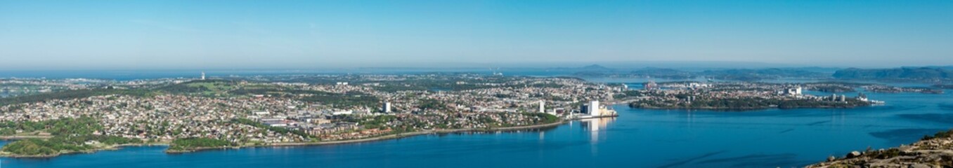 A spectacular panoramic view to Gandsfjord and Stavanger city from Lifjel mountain near Sandnes, Norway, May 2018
