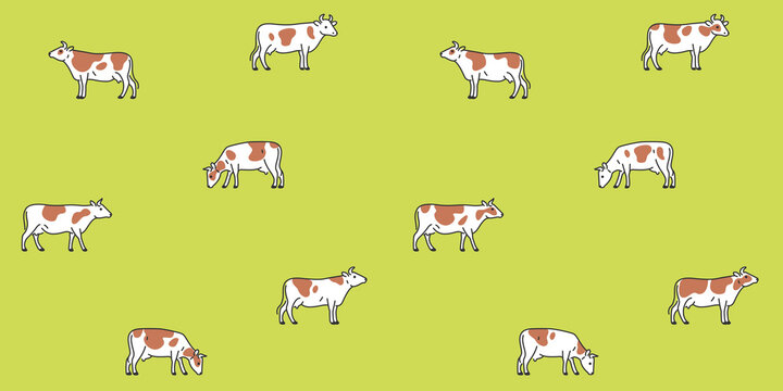 Cow in field grazing. Seamless trendy animal pattern with cow. Contour vector print in cartoon style.