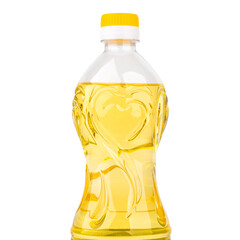 Sunflower oil in a plastic bottle isolated. Vegetable oil plastic bottle isolated on white background. 