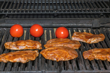 Close up view of grilled  meat steak and tomatoes outdoors. Sweden. 