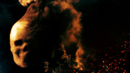 Burning orange skull with fire flames bg with free space - war concept - abstract 3D rendering