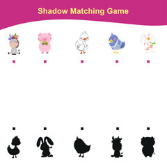 Matching shadow game worksheet. Educational printable worksheet. Vector illustration in cartoon style. Matching the images with the shadow for motoric movements.