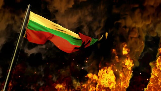 waving Bulgaria flag on burning fire background - disaster concept