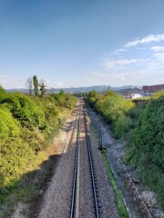 Fototapeta na wymiar Imagen vertical de unas preciosas vías de tren en una zona verde.