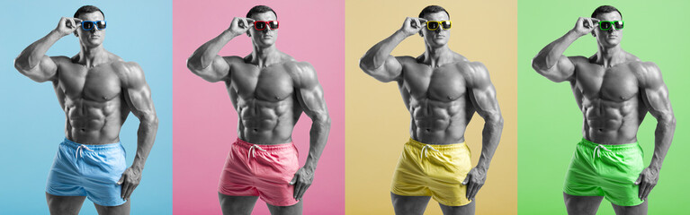 Collage of handsome muscular man in sunglasses on multicolored background. Fitness male model naked...