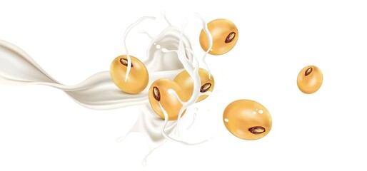 Fresh Soy milk splashing isolated on white background. Realistic vector in 3D elements.
