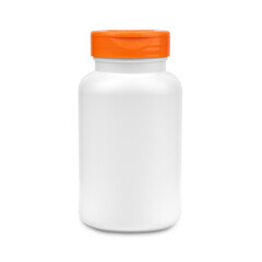 blank packaging supplement product bottle isolated on white background. white plastic pill bottle. 