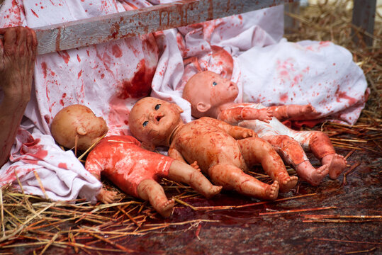 Closeup Of Blood On Dolls For Protesting Against The Speciesism