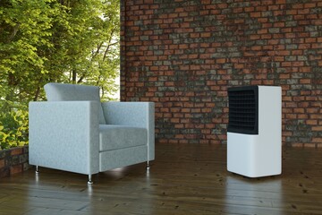 portable air conditioner with white armchair on stone wall background 3d