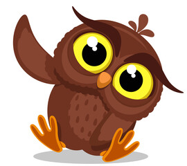 Owl sits and waves its wing on a white background. Character
