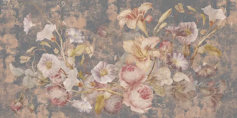 Deurstickers Flowers illustration on dark concrete grunge wall. Loft, modern, classic, baroque, rococo design for interior projects, wallpaper, photo wallpaper, mural, poster, home decor, card. © Natalia